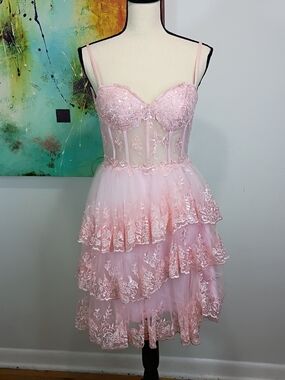 Pink Lace Tiered Tulle Sweetheart Cocktail Corset Dress